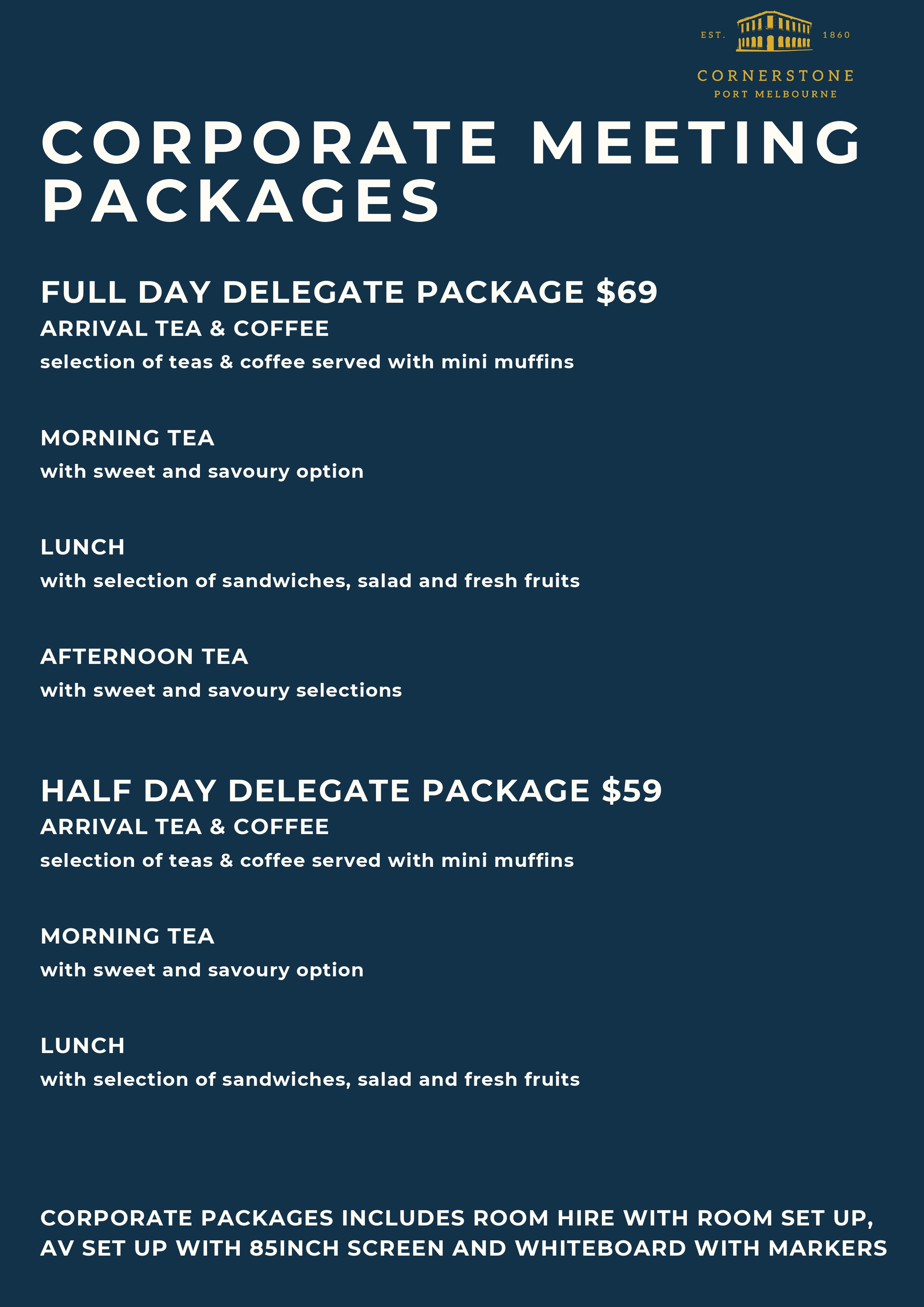 Cornerstone Pub events menu page 5 - final page of event catering menu with additional options, pricing, and booking information for functions